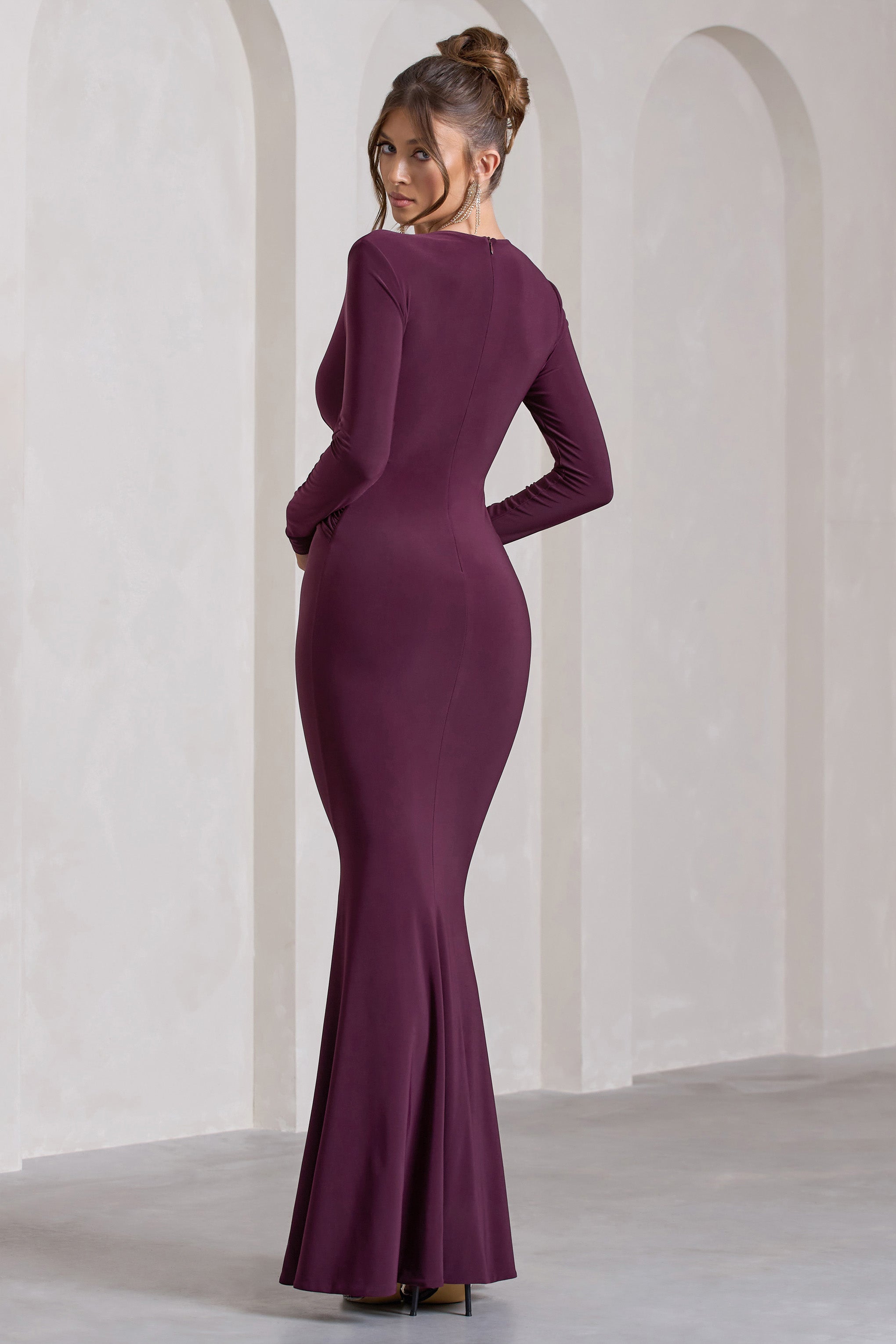 Aluna Plum Plunge-Neck Twisted Split Maxi Dress-Fashionmomo.All Rights Reserved