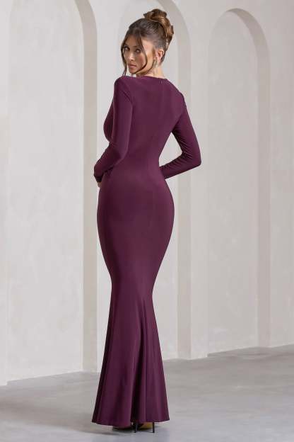 Aluna Plum Plunge-Neck Twisted Split Maxi Dress-Fashionmomo.All Rights Reserved