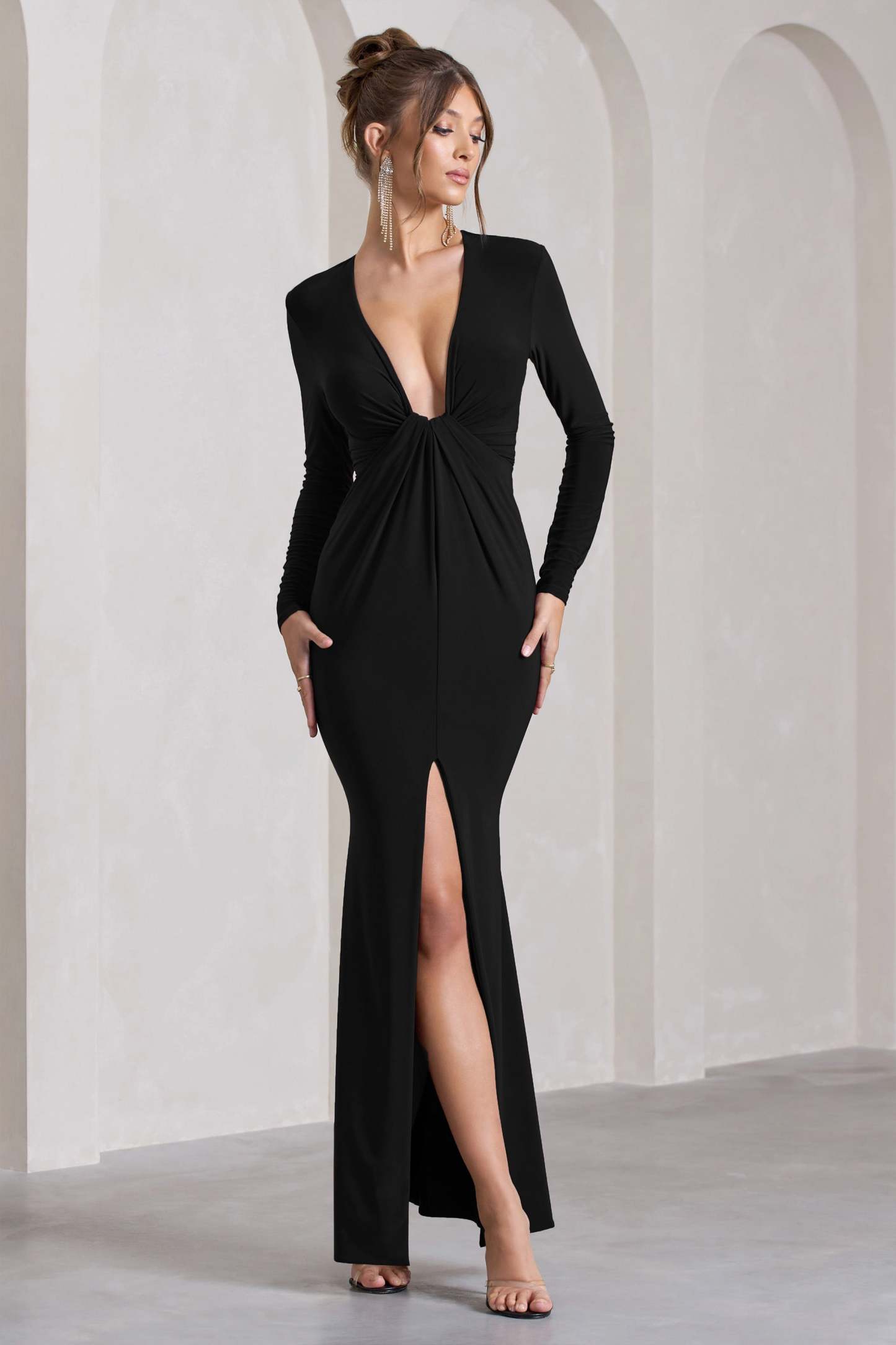 Aluna Black Plunge-Neck Twisted Split Maxi Dress-Fashionmomo.All Rights Reserved