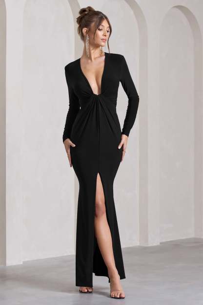 Aluna Black Plunge-Neck Twisted Split Maxi Dress-Fashionmomo.All Rights Reserved