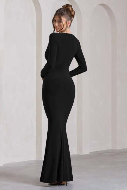 Aluna Black Plunge-Neck Twisted Split Maxi Dress-Fashionmomo.All Rights Reserved