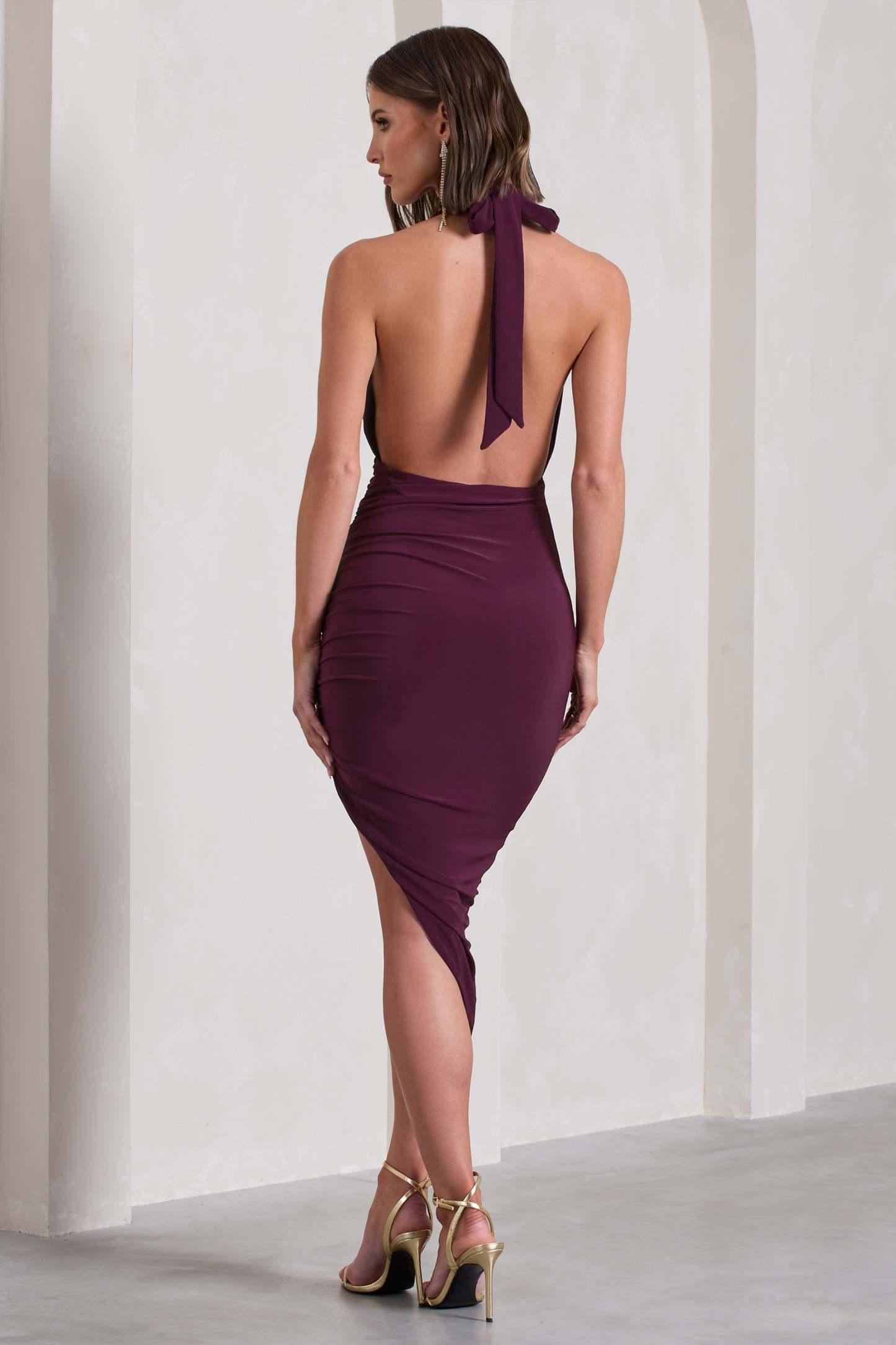 Picture This Plum Asymmetric Halter-Neck Backless Maxi Dress-Fashionmomo.All Rights Reserved