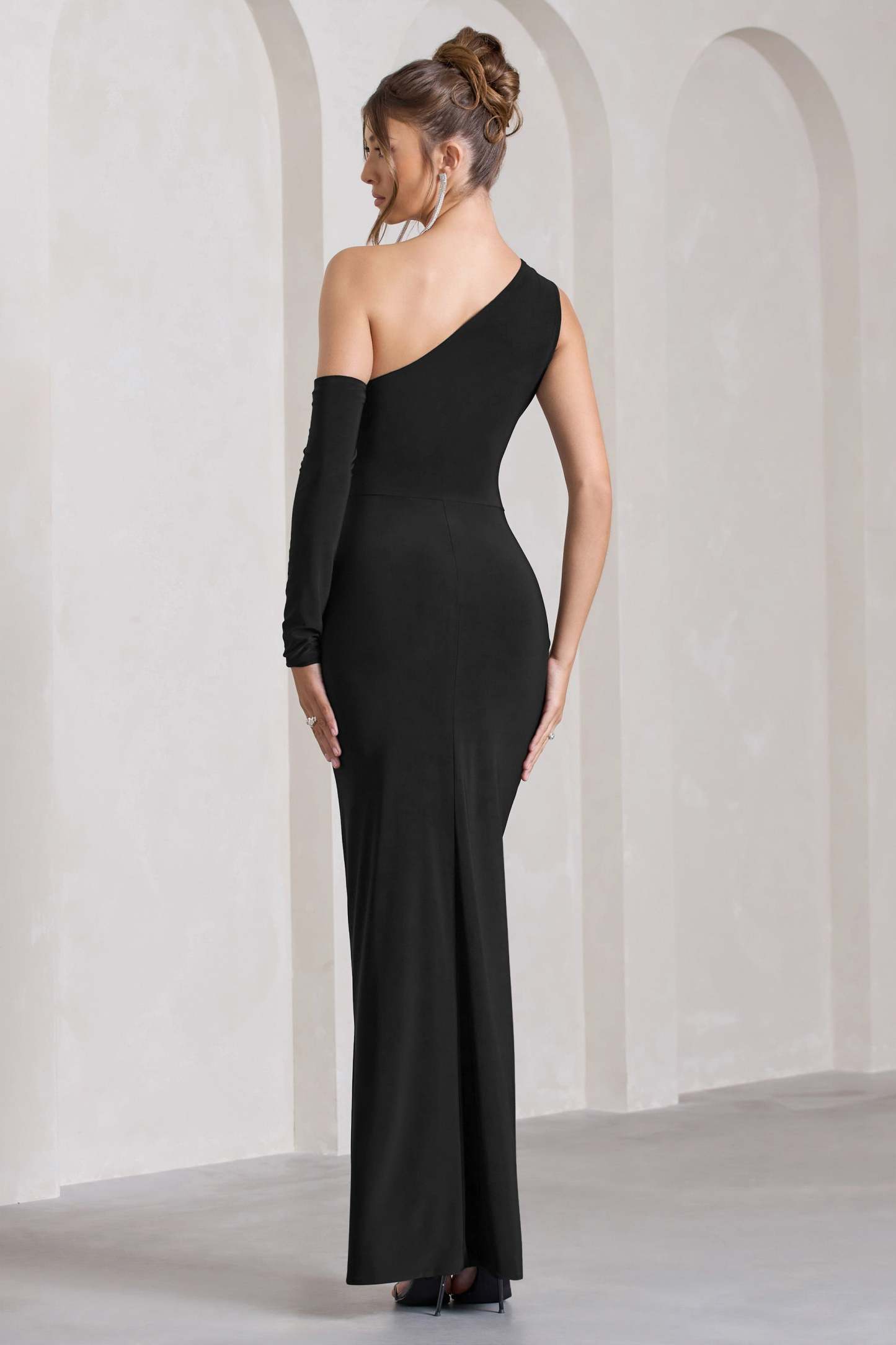 Carlina Black Ruched Asymmetric Cut-Out Split Maxi Dress-Fashionmomo.All Rights Reserved