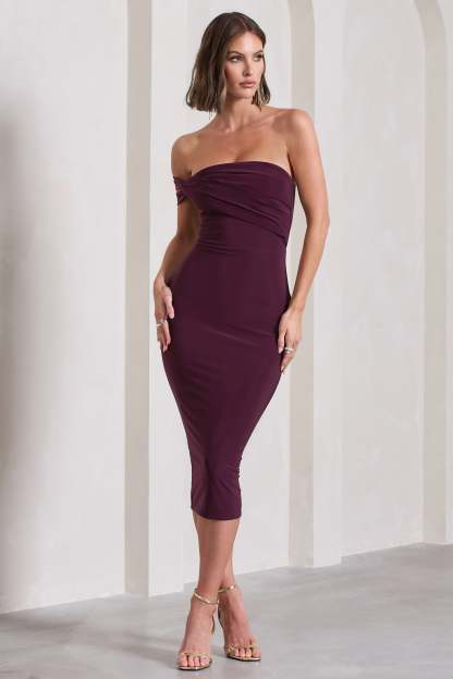 Eviana Plum Bodycon Sleeveless Twist Midi Dress-Fashionmomo.All Rights Reserved