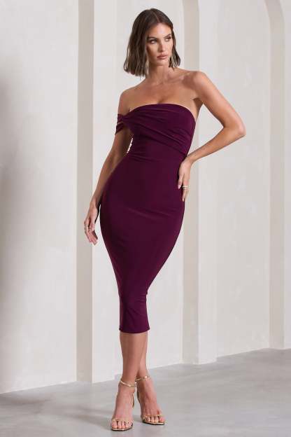 Eviana Plum Bodycon Sleeveless Twist Midi Dress-Fashionmomo.All Rights Reserved