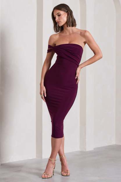 Eviana Plum Bodycon Sleeveless Twist Midi Dress-Fashionmomo.All Rights Reserved