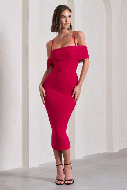 Bethan Red Bodycon Strappy Mesh Bardot Midi Dress-Fashionmomo.All Rights Reserved