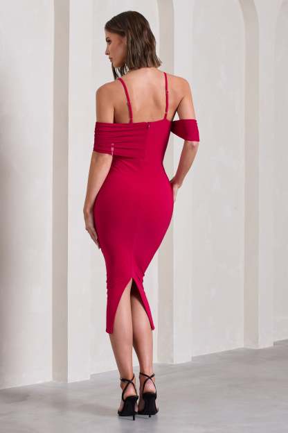 Bethan Red Bodycon Strappy Mesh Bardot Midi Dress-Fashionmomo.All Rights Reserved