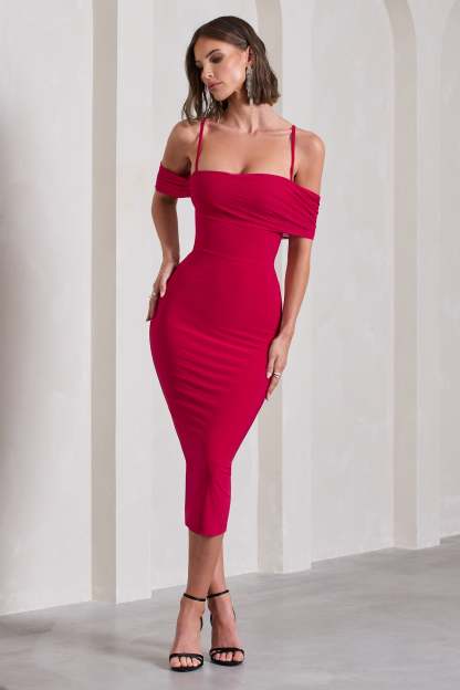Bethan Red Bodycon Strappy Mesh Bardot Midi Dress-Fashionmomo.All Rights Reserved
