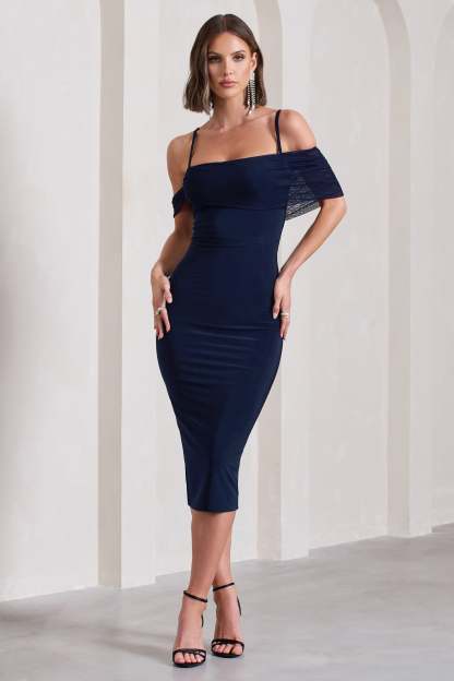 Bethan Navy Bodycon Strappy Mesh Bardot Midi Dress-Fashionmomo.All Rights Reserved