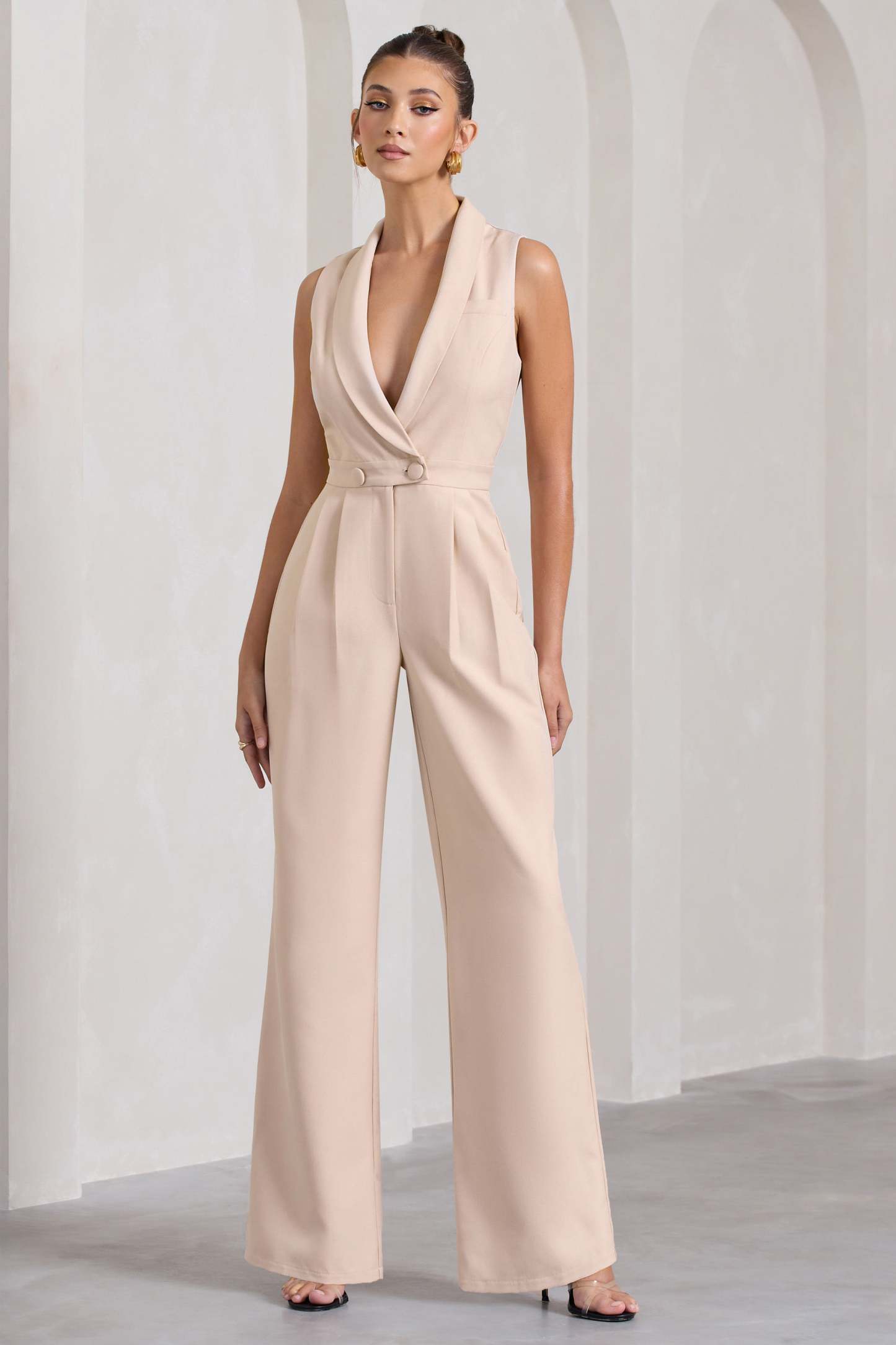 Endure Stone Tailored Sleeveless Wide-Leg Jumpsuit-Fashionmomo.All Rights Reserved
