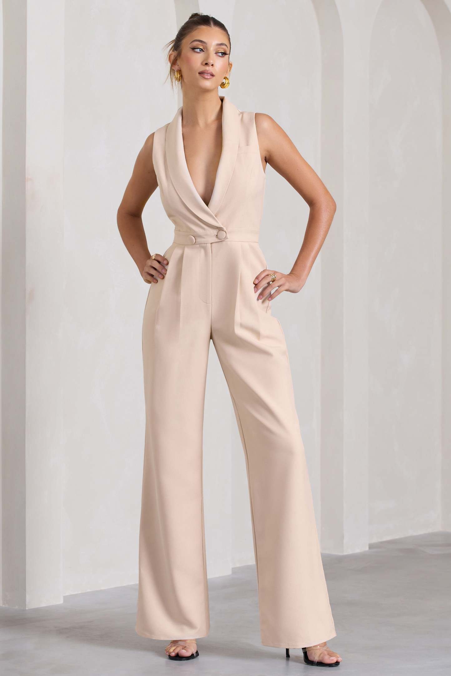 Endure Stone Tailored Sleeveless Wide-Leg Jumpsuit-Fashionmomo.All Rights Reserved