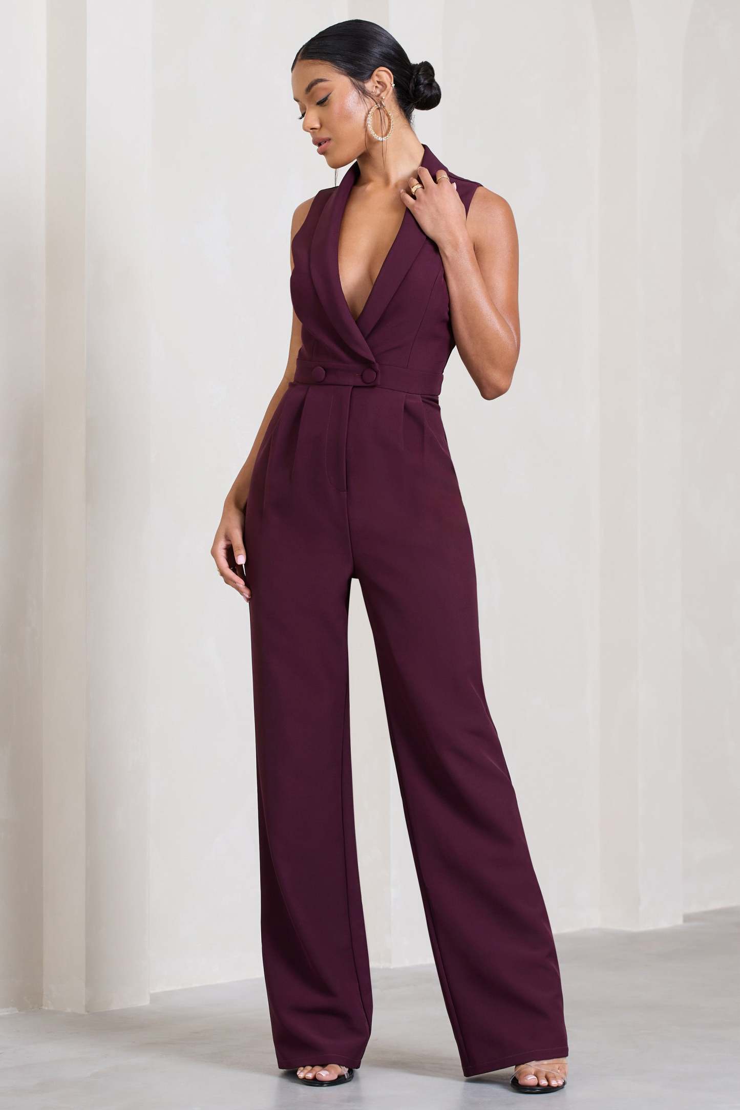 Endure Plum Tailored Sleeveless Wide-Leg Jumpsuit-Fashionmomo.All Rights Reserved