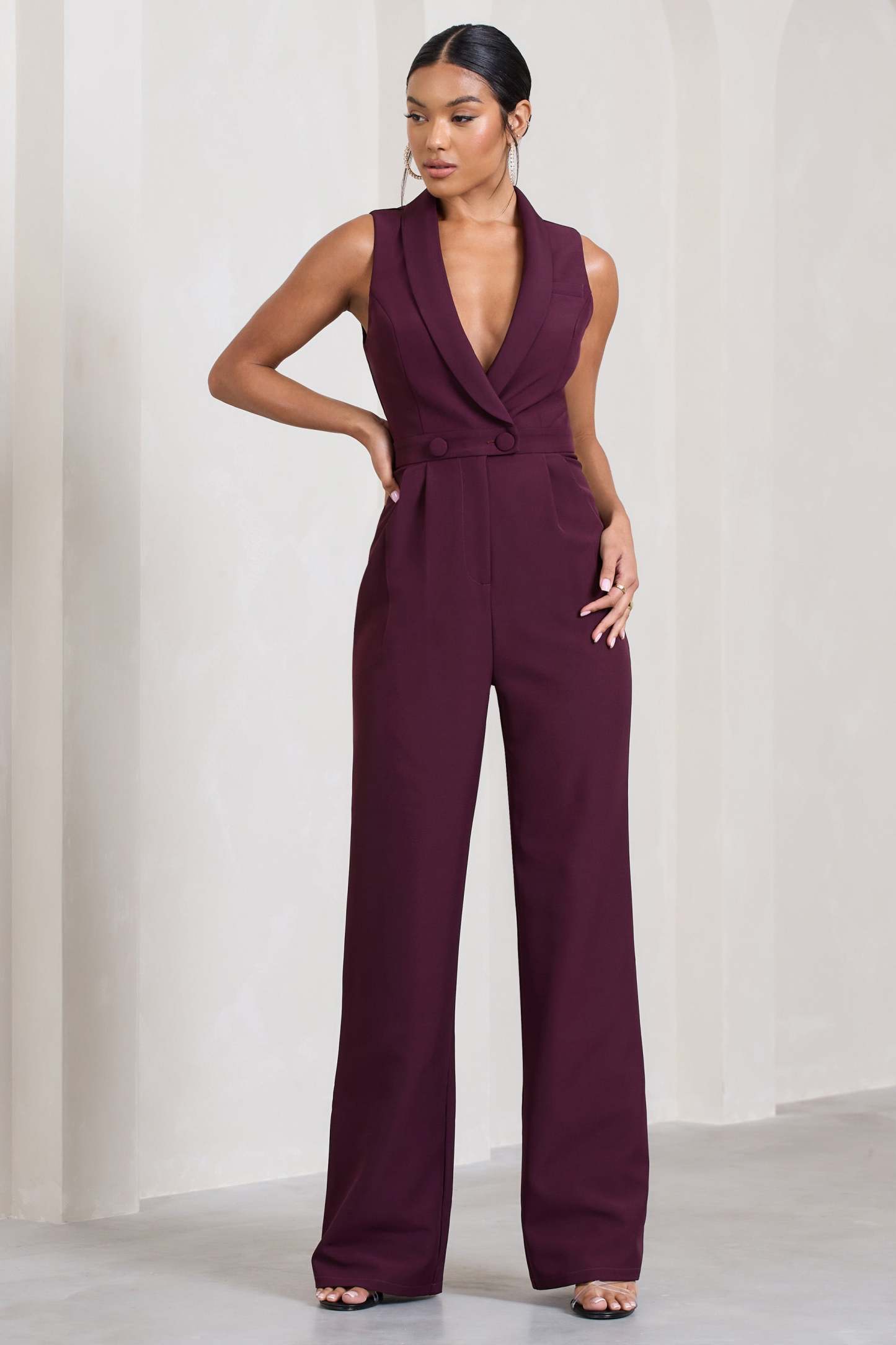 Endure Plum Tailored Sleeveless Wide-Leg Jumpsuit-Fashionmomo.All Rights Reserved