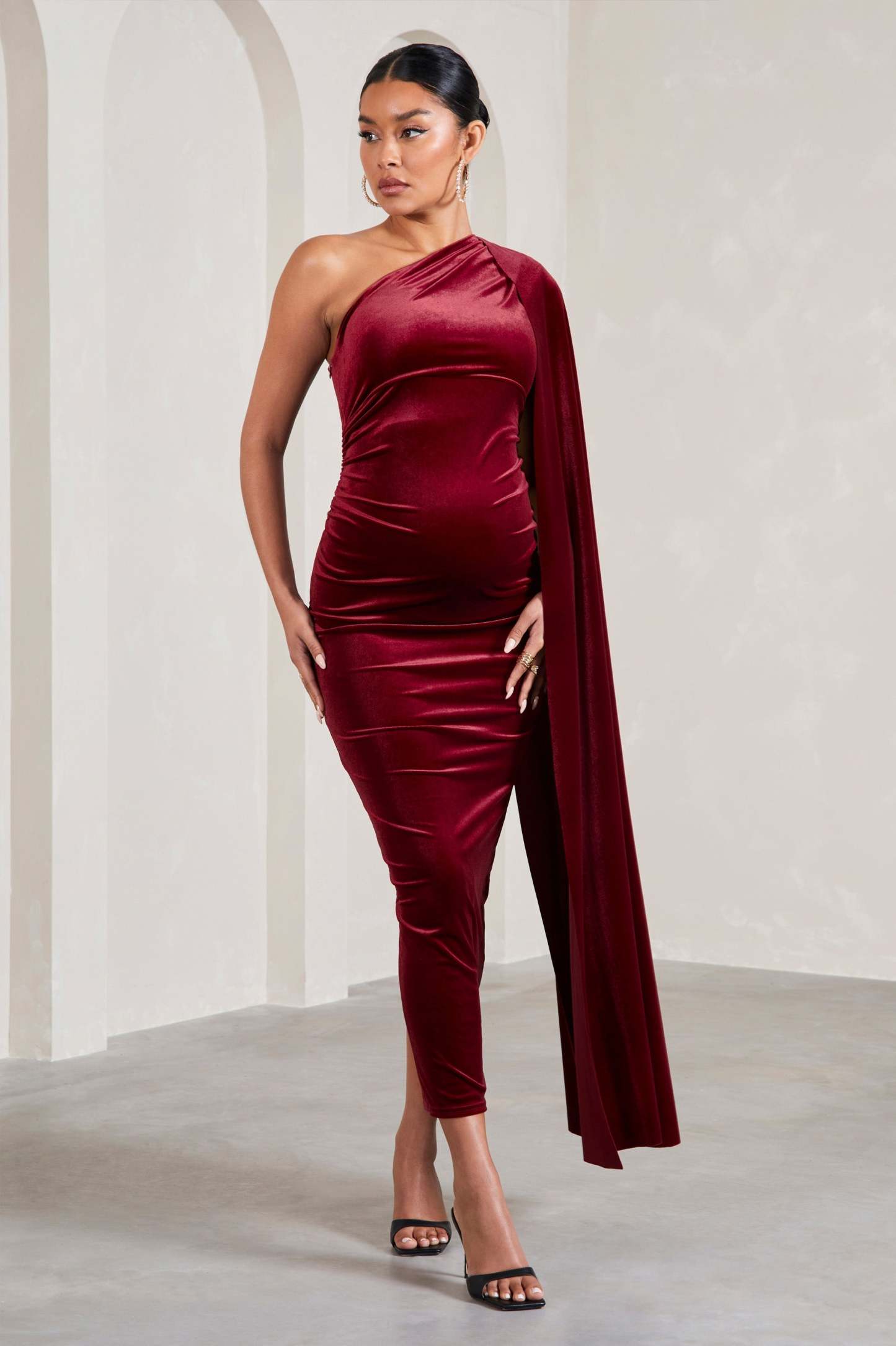 Amaryllis Berry Velvet Maternity One Shoulder Maxi Dress with Cape Sleeve-Fashionmomo.All Rights Reserved