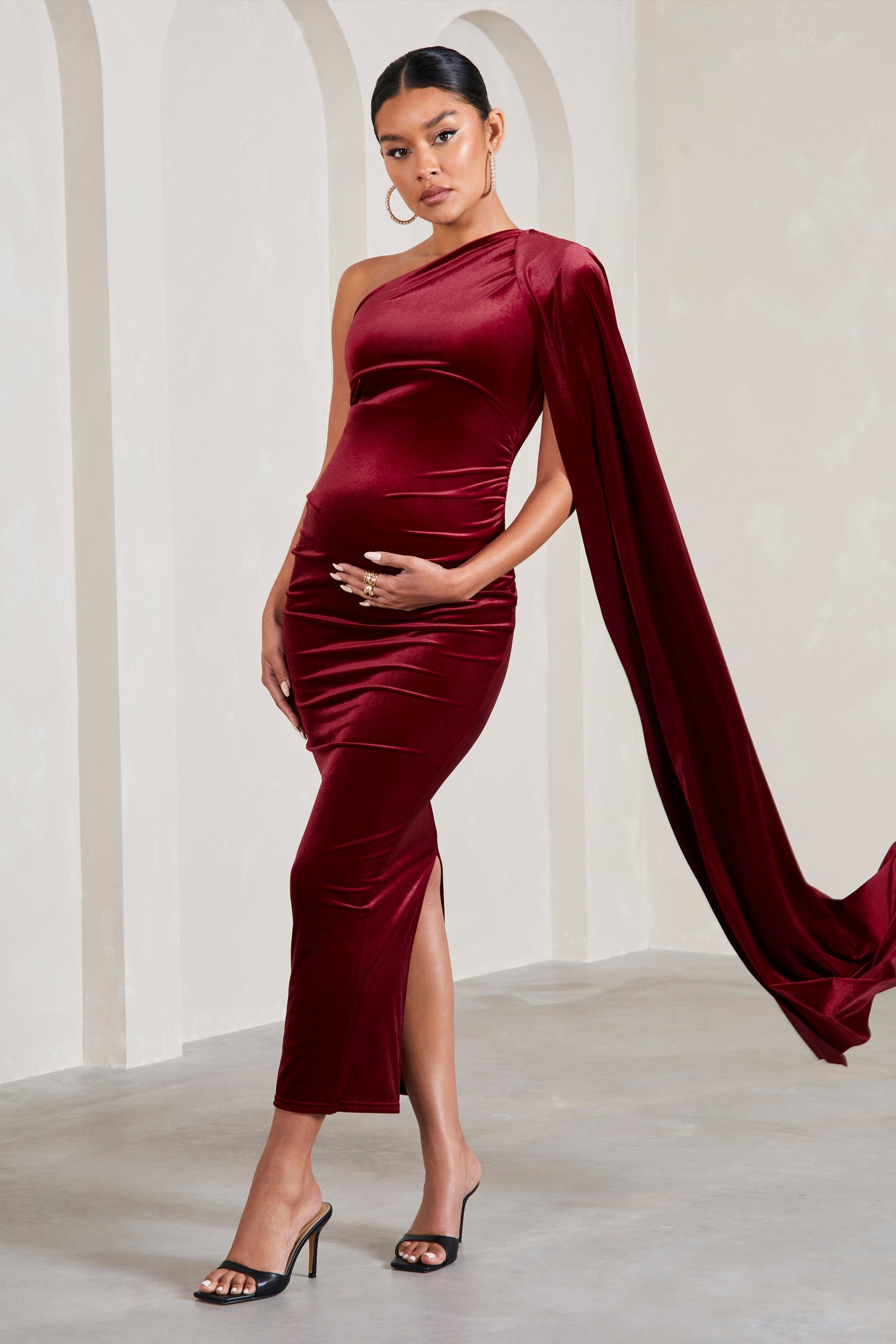 Amaryllis Berry Velvet Maternity One Shoulder Maxi Dress with Cape Sleeve-Fashionmomo.All Rights Reserved