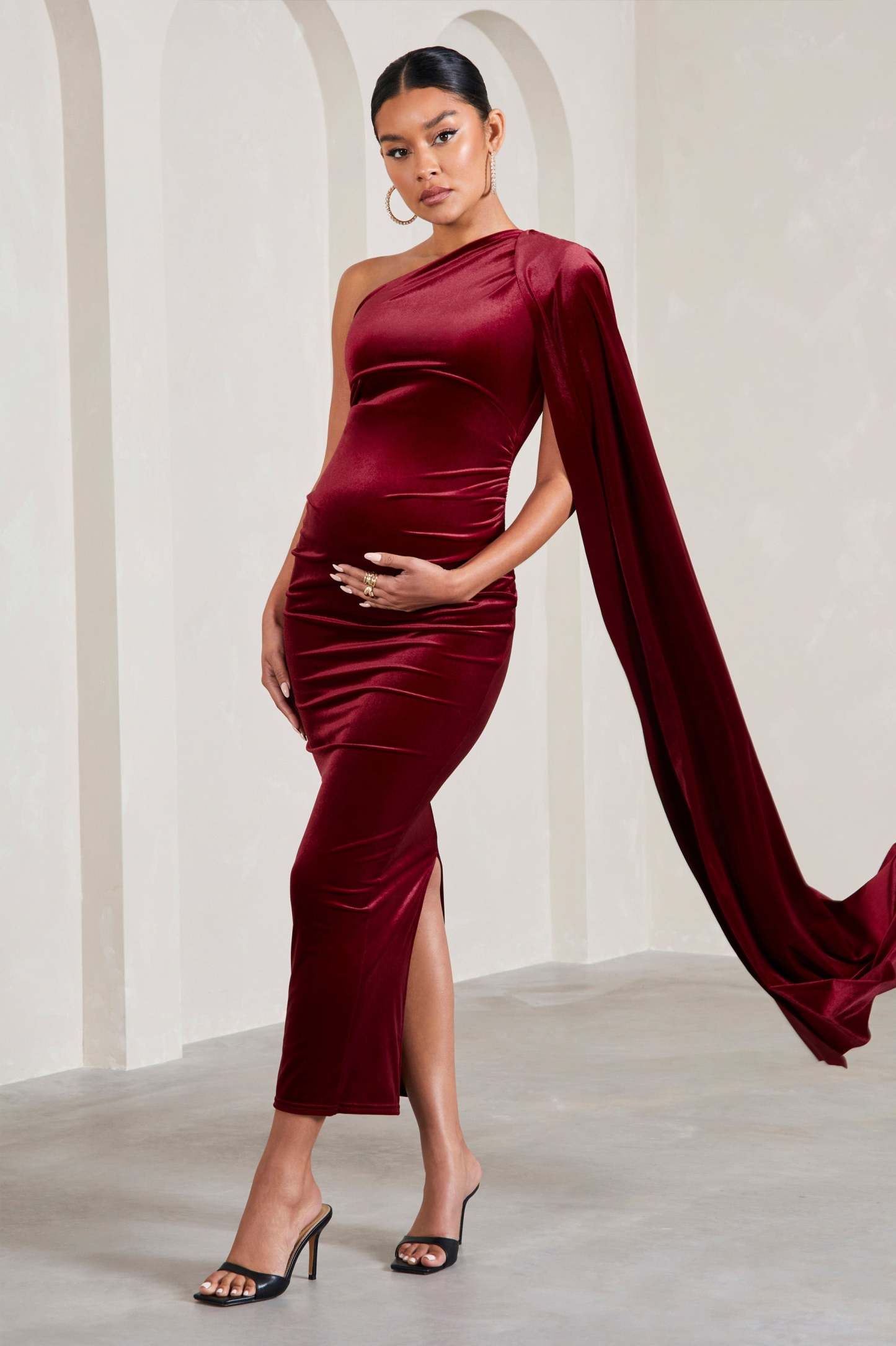 Amaryllis Berry Velvet Maternity One Shoulder Maxi Dress with Cape Sleeve-Fashionmomo.All Rights Reserved