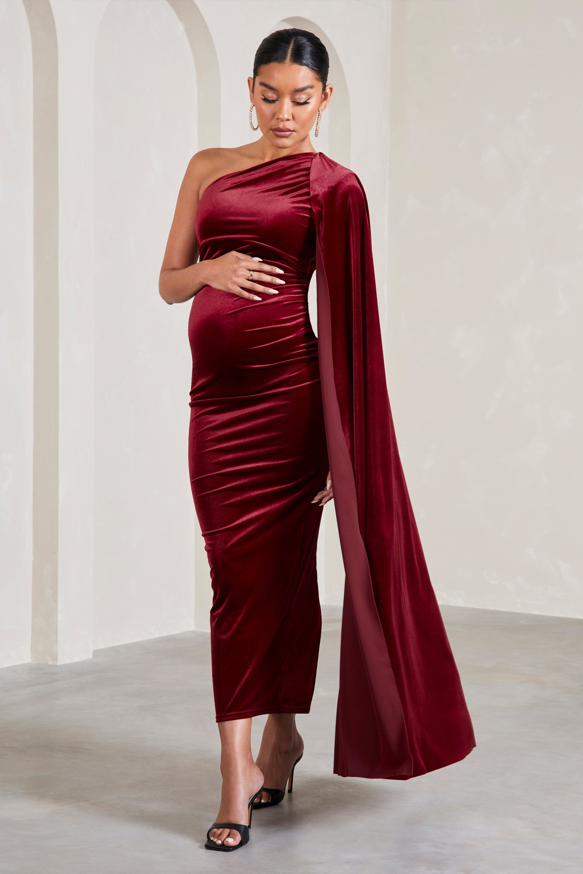 Amaryllis Berry Velvet Maternity One Shoulder Maxi Dress with Cape Sleeve-Fashionmomo.All Rights Reserved