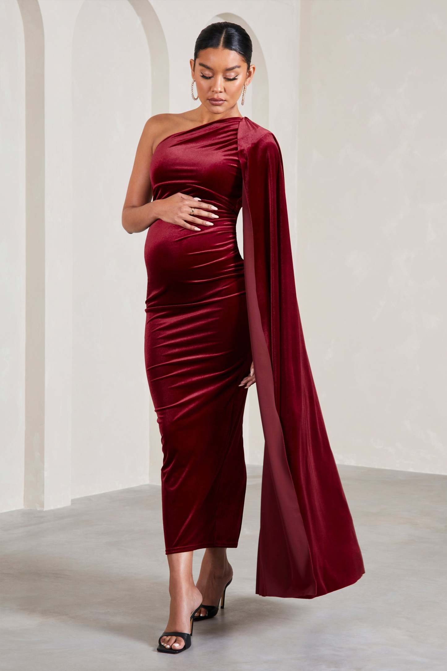 Amaryllis Berry Velvet Maternity One Shoulder Maxi Dress with Cape Sleeve-Fashionmomo.All Rights Reserved
