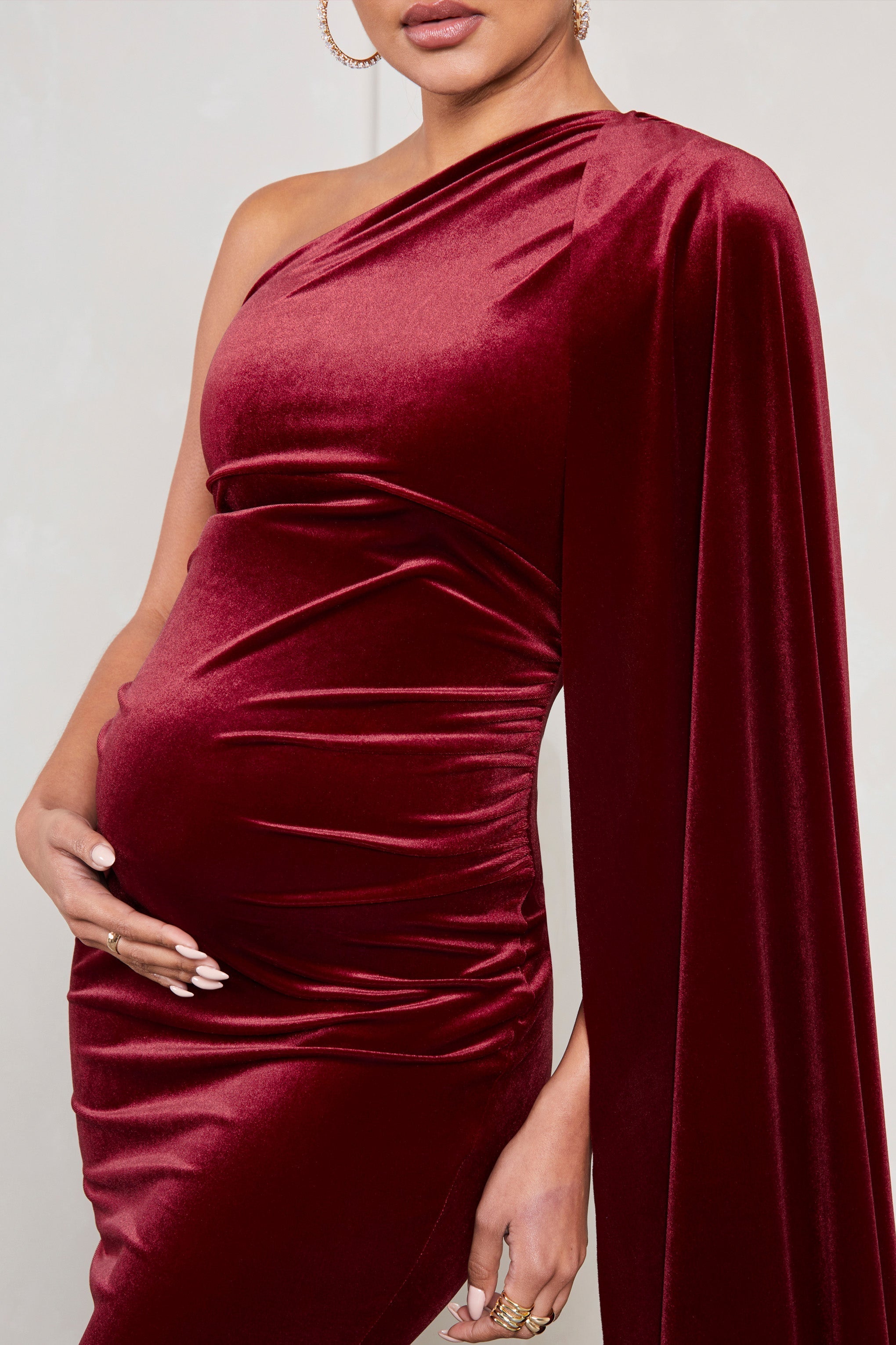 Amaryllis Berry Velvet Maternity One Shoulder Maxi Dress with Cape Sleeve-Fashionmomo.All Rights Reserved