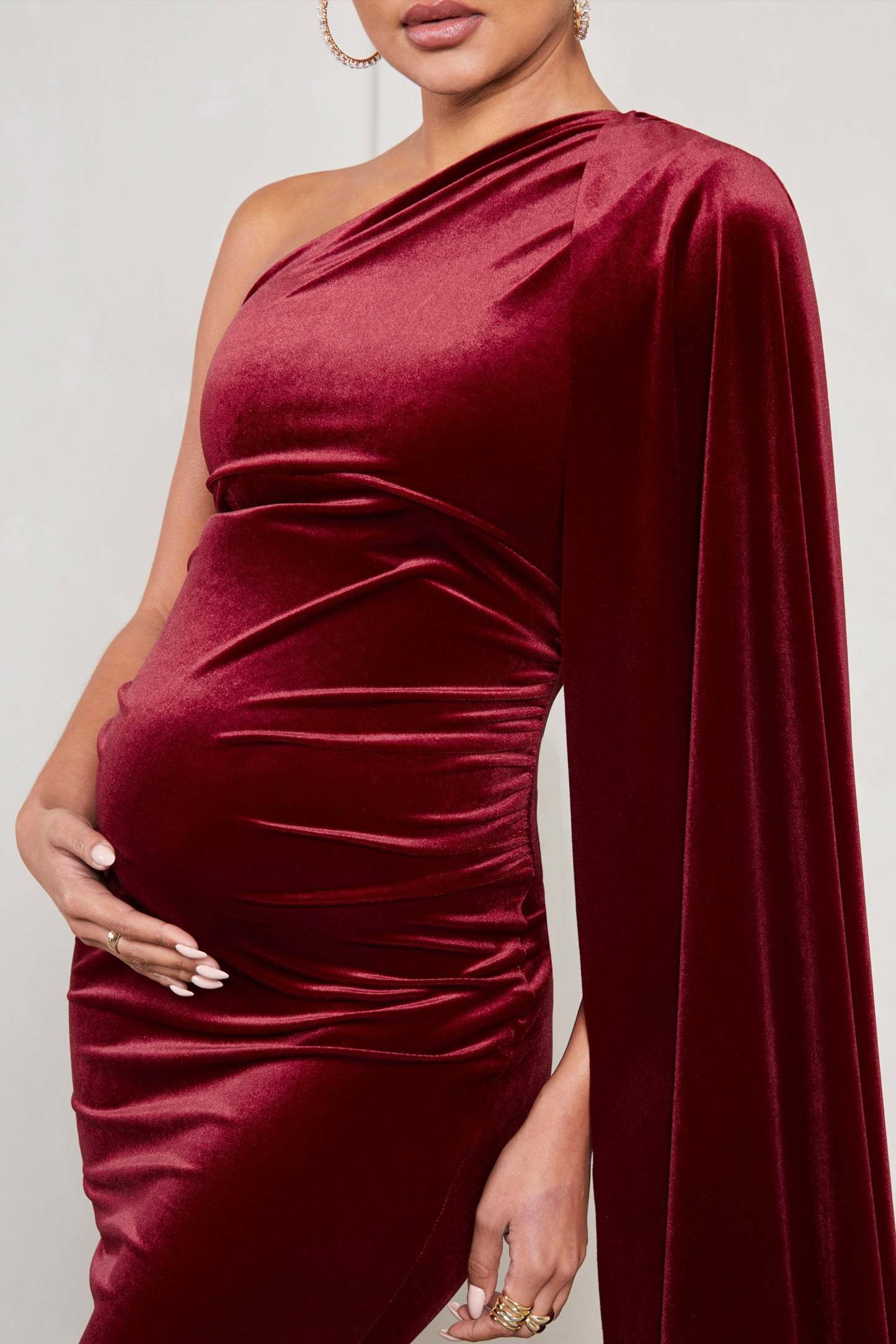 Amaryllis Berry Velvet Maternity One Shoulder Maxi Dress with Cape Sleeve-Fashionmomo.All Rights Reserved