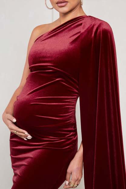Amaryllis Berry Velvet Maternity One Shoulder Maxi Dress with Cape Sleeve-Fashionmomo.All Rights Reserved