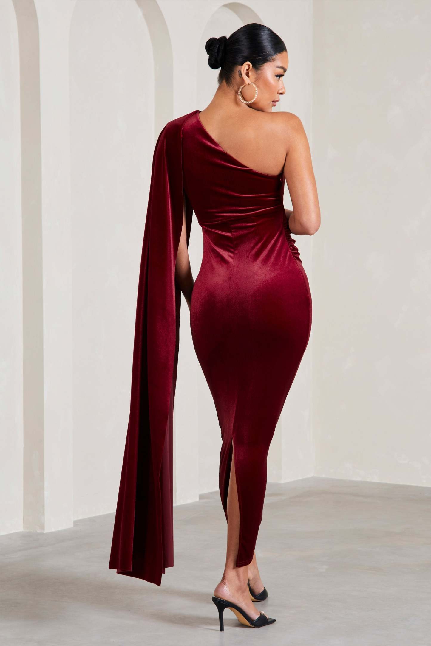 Amaryllis Berry Velvet Maternity One Shoulder Maxi Dress with Cape Sleeve-Fashionmomo.All Rights Reserved
