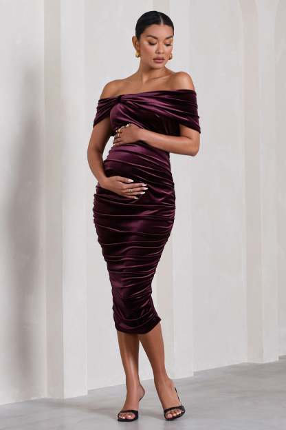 Alyssa Port Velvet Maternity Bardot Bow Maternity Midi Dress with Ruching-Fashionmomo.All Rights Reserved