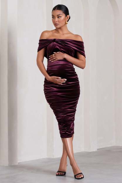 Alyssa Port Velvet Maternity Bardot Bow Maternity Midi Dress with Ruching-Fashionmomo.All Rights Reserved