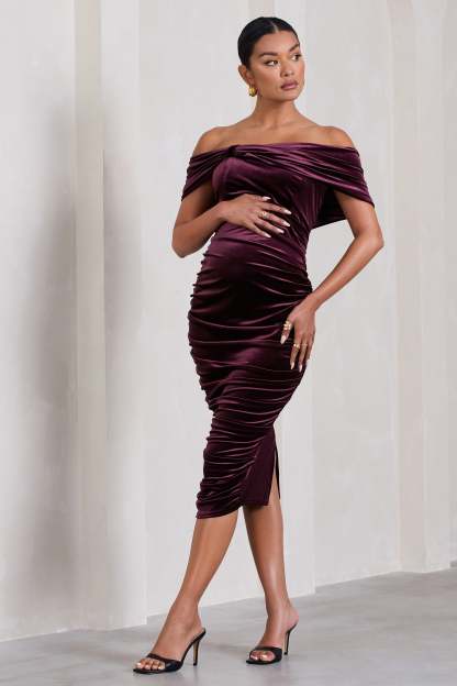 Alyssa Port Velvet Maternity Bardot Bow Maternity Midi Dress with Ruching-Fashionmomo.All Rights Reserved