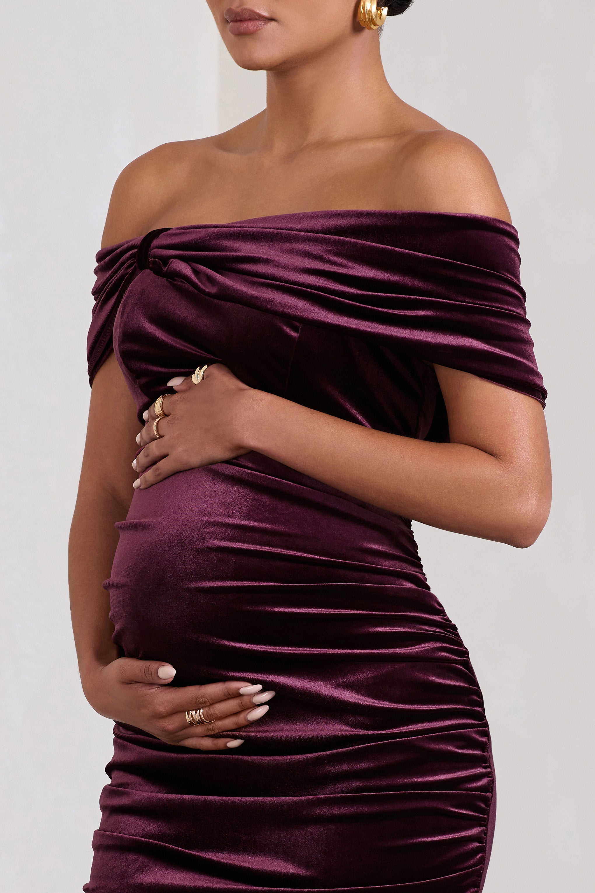 Alyssa Port Velvet Maternity Bardot Bow Maternity Midi Dress with Ruching-Fashionmomo.All Rights Reserved