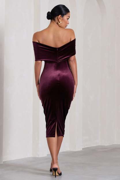 Alyssa Port Velvet Maternity Bardot Bow Maternity Midi Dress with Ruching-Fashionmomo.All Rights Reserved