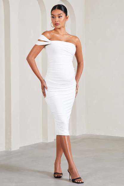 Eviana White Bodycon Sleeveless Twist Maternity Midi Dress-Fashionmomo.All Rights Reserved