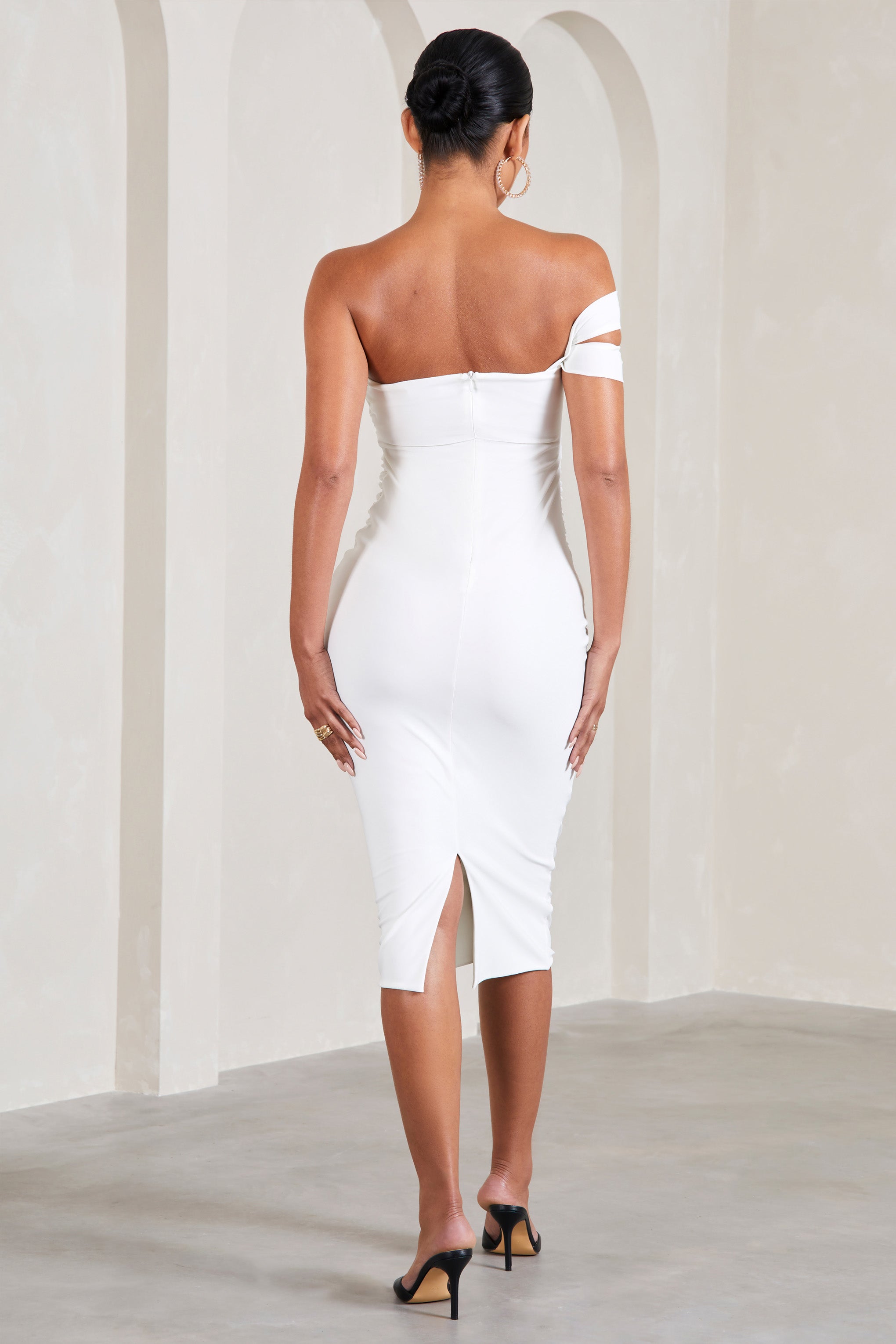 Eviana White Bodycon Sleeveless Twist Maternity Midi Dress-Fashionmomo.All Rights Reserved