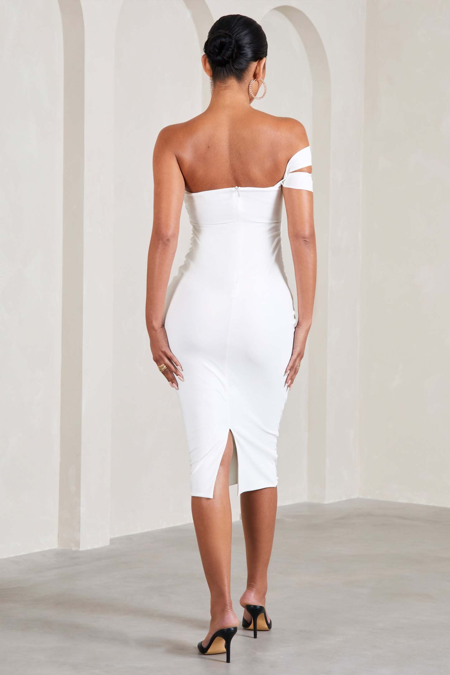Eviana White Bodycon Sleeveless Twist Maternity Midi Dress-Fashionmomo.All Rights Reserved