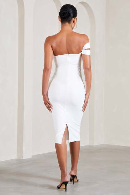 Eviana White Bodycon Sleeveless Twist Maternity Midi Dress-Fashionmomo.All Rights Reserved