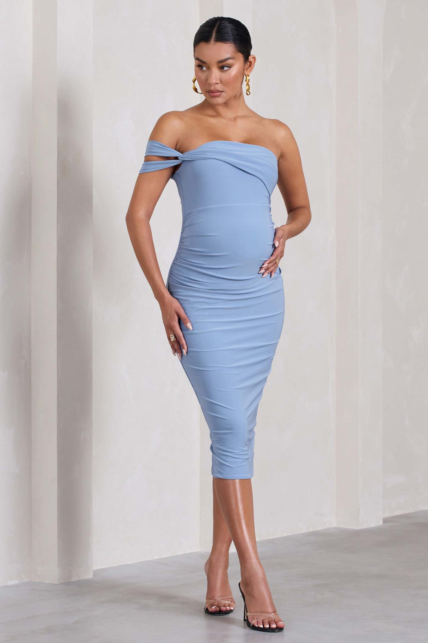 Eviana Powder Blue Bodycon Sleeveless Twist Maternity Midi Dress-Fashionmomo.All Rights Reserved