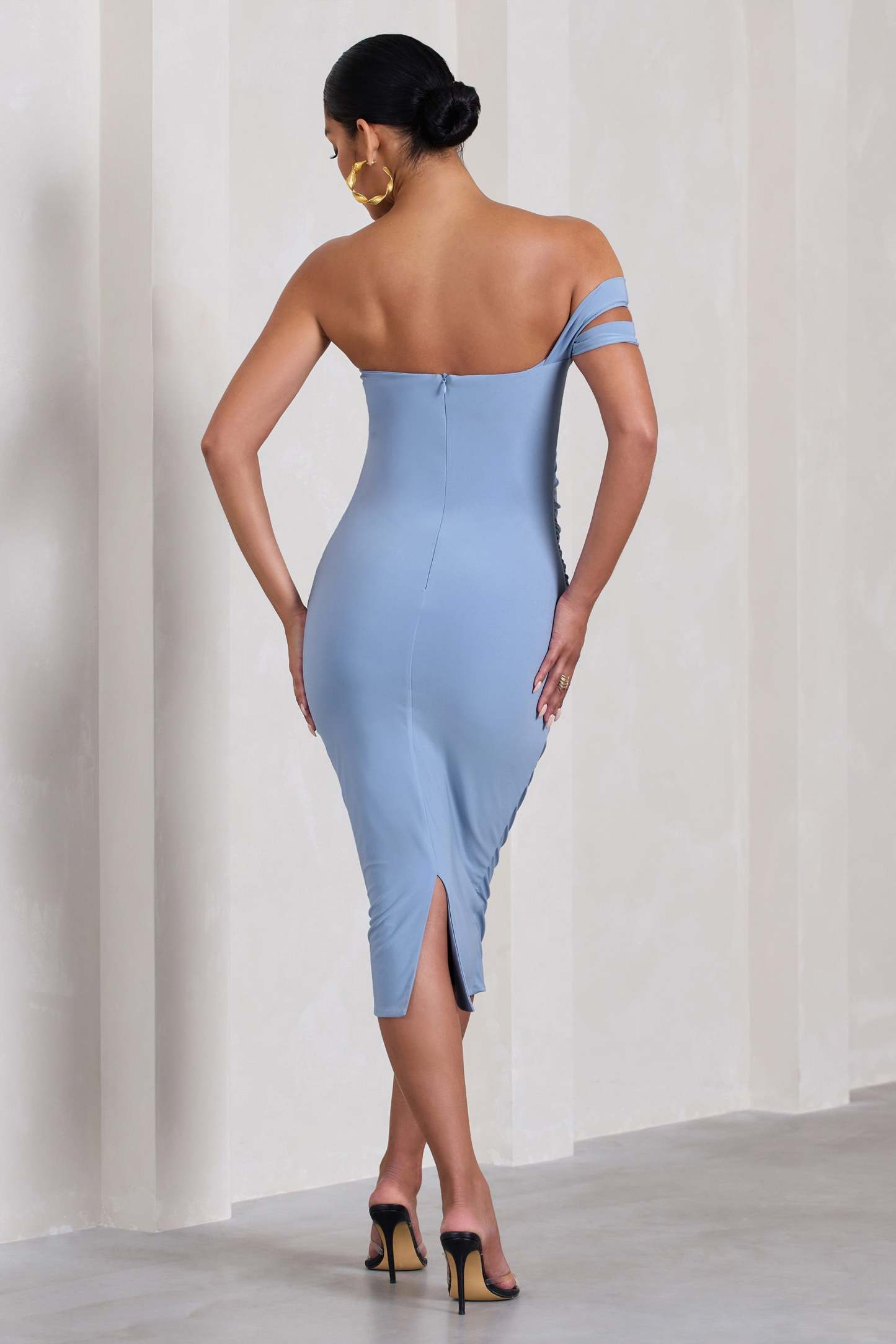 Eviana Powder Blue Bodycon Sleeveless Twist Maternity Midi Dress-Fashionmomo.All Rights Reserved