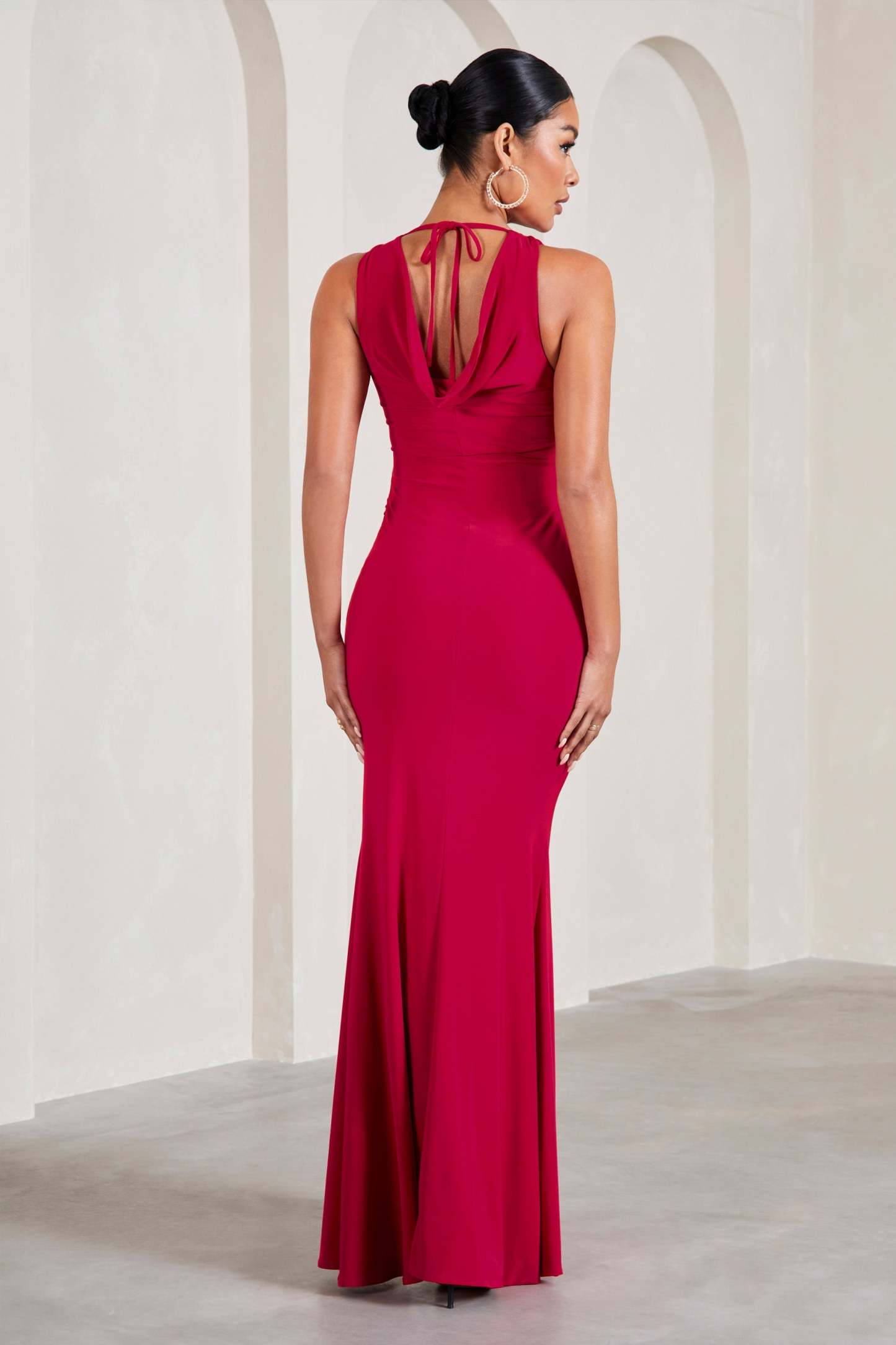 Pollie Red Cowl-Back Split Maternity Maxi Dress-Fashionmomo.All Rights Reserved