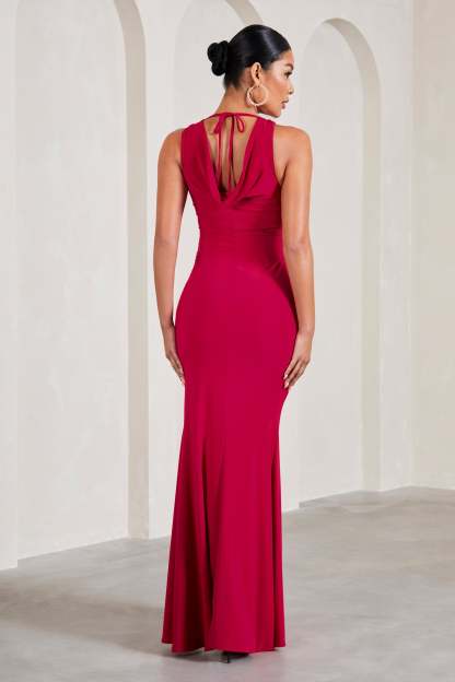 Pollie Red Cowl-Back Split Maternity Maxi Dress-Fashionmomo.All Rights Reserved