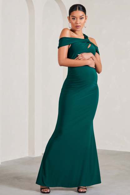 Captivating Bottle Green Strappy Asymmetric Cut-Out Maternity Maxi Dress-Fashionmomo.All Rights Reserved
