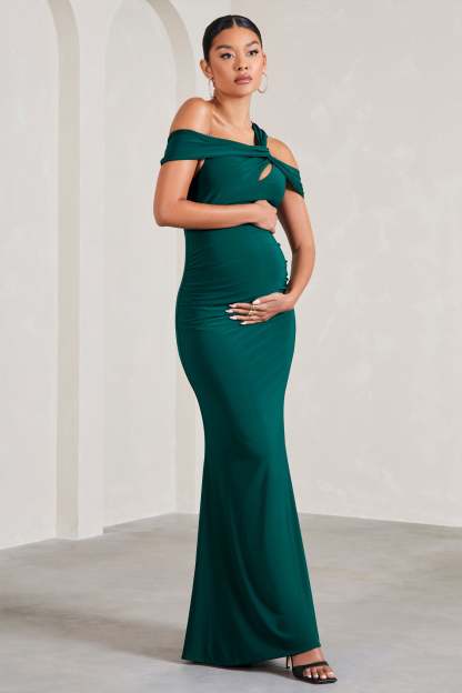 Captivating Bottle Green Strappy Asymmetric Cut-Out Maternity Maxi Dress-Fashionmomo.All Rights Reserved