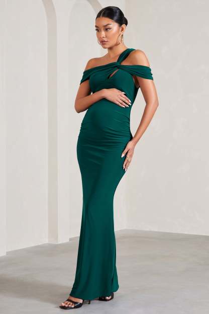 Captivating Bottle Green Strappy Asymmetric Cut-Out Maternity Maxi Dress-Fashionmomo.All Rights Reserved