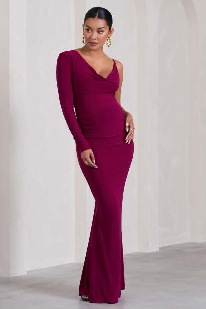 At Dusk Dark Cherry Maternity One-Sleeved Cowl-Neck Fishtail Maxi Dress-Fashionmomo.All Rights Reserved