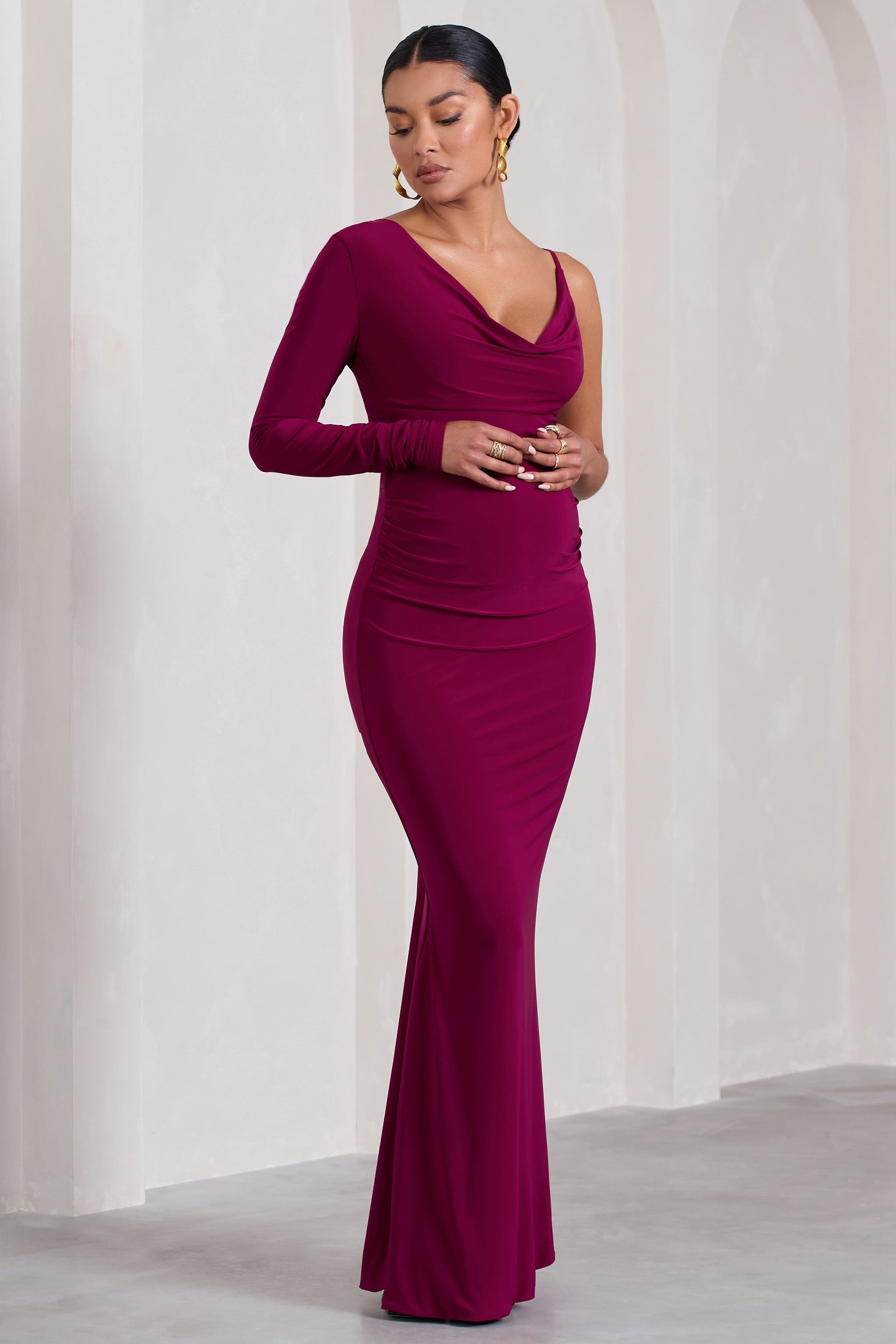 At Dusk Dark Cherry Maternity One-Sleeved Cowl-Neck Fishtail Maxi Dress-Fashionmomo.All Rights Reserved