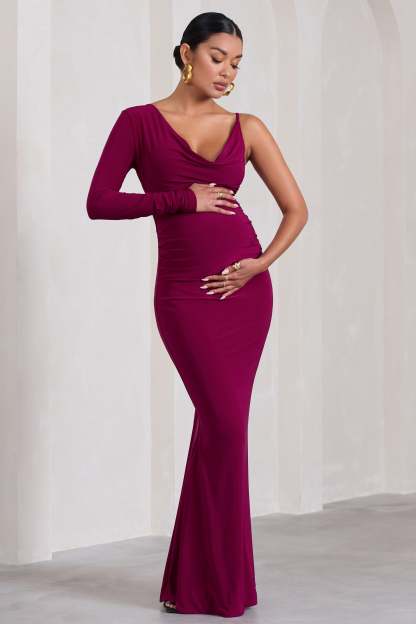 At Dusk Dark Cherry Maternity One-Sleeved Cowl-Neck Fishtail Maxi Dress-Fashionmomo.All Rights Reserved