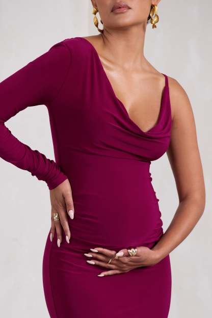 At Dusk Dark Cherry Maternity One-Sleeved Cowl-Neck Fishtail Maxi Dress-Fashionmomo.All Rights Reserved