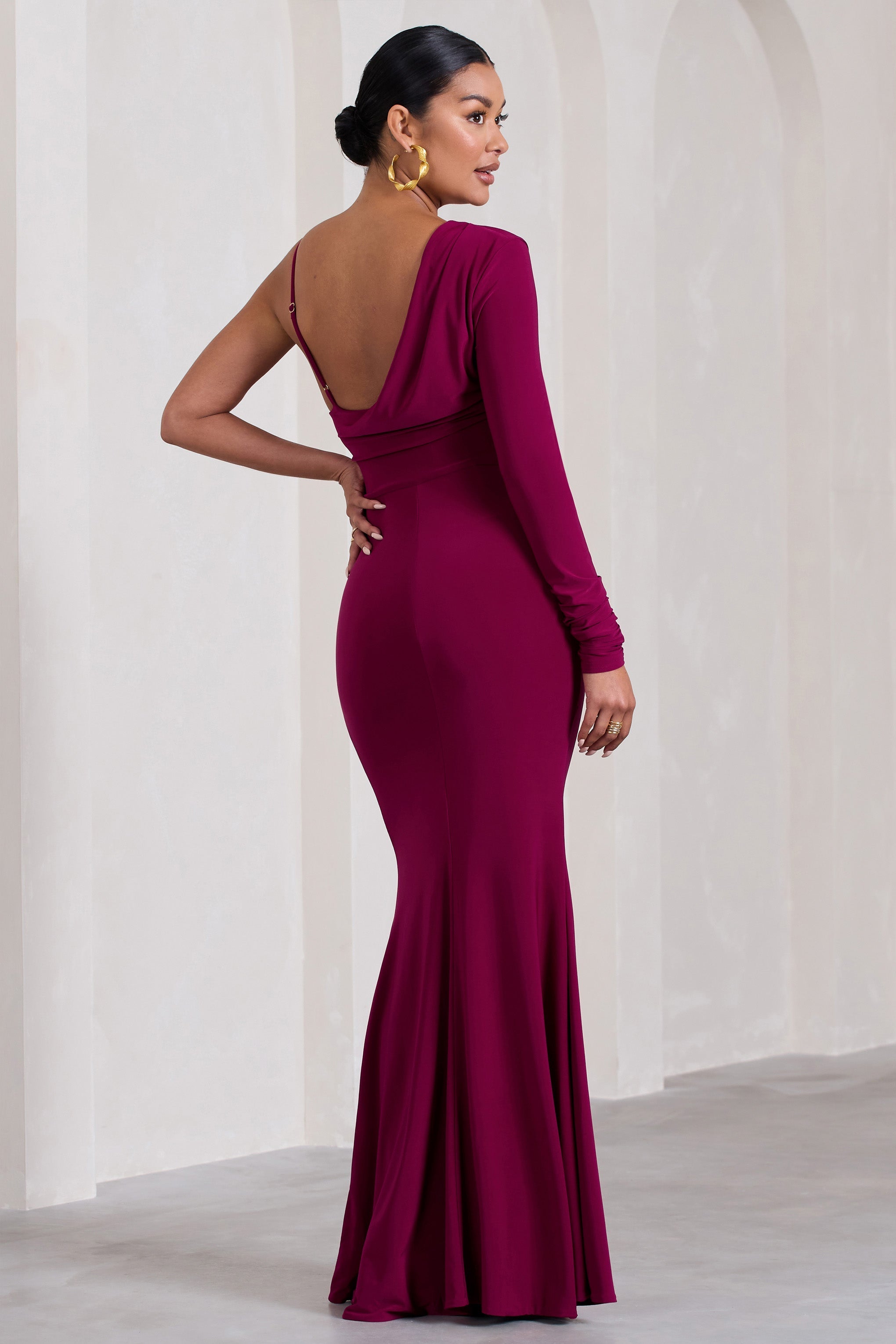At Dusk Dark Cherry Maternity One-Sleeved Cowl-Neck Fishtail Maxi Dress-Fashionmomo.All Rights Reserved