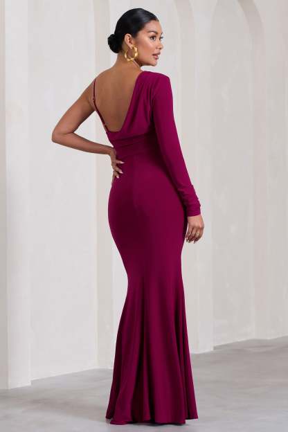 At Dusk Dark Cherry Maternity One-Sleeved Cowl-Neck Fishtail Maxi Dress-Fashionmomo.All Rights Reserved