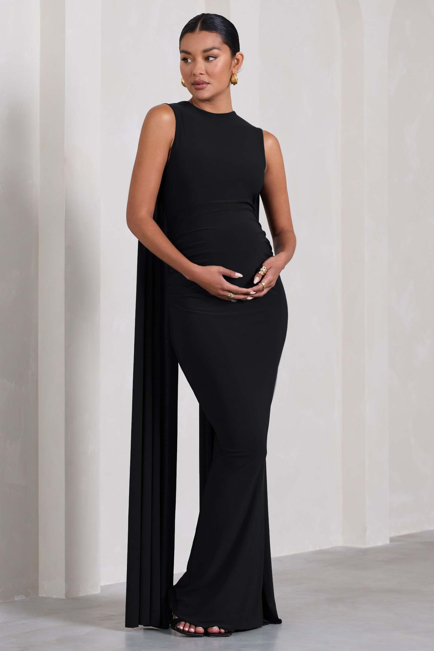 Allora Black High-Neck Sleeveless Cape Maternity Maxi Dress-Fashionmomo.All Rights Reserved
